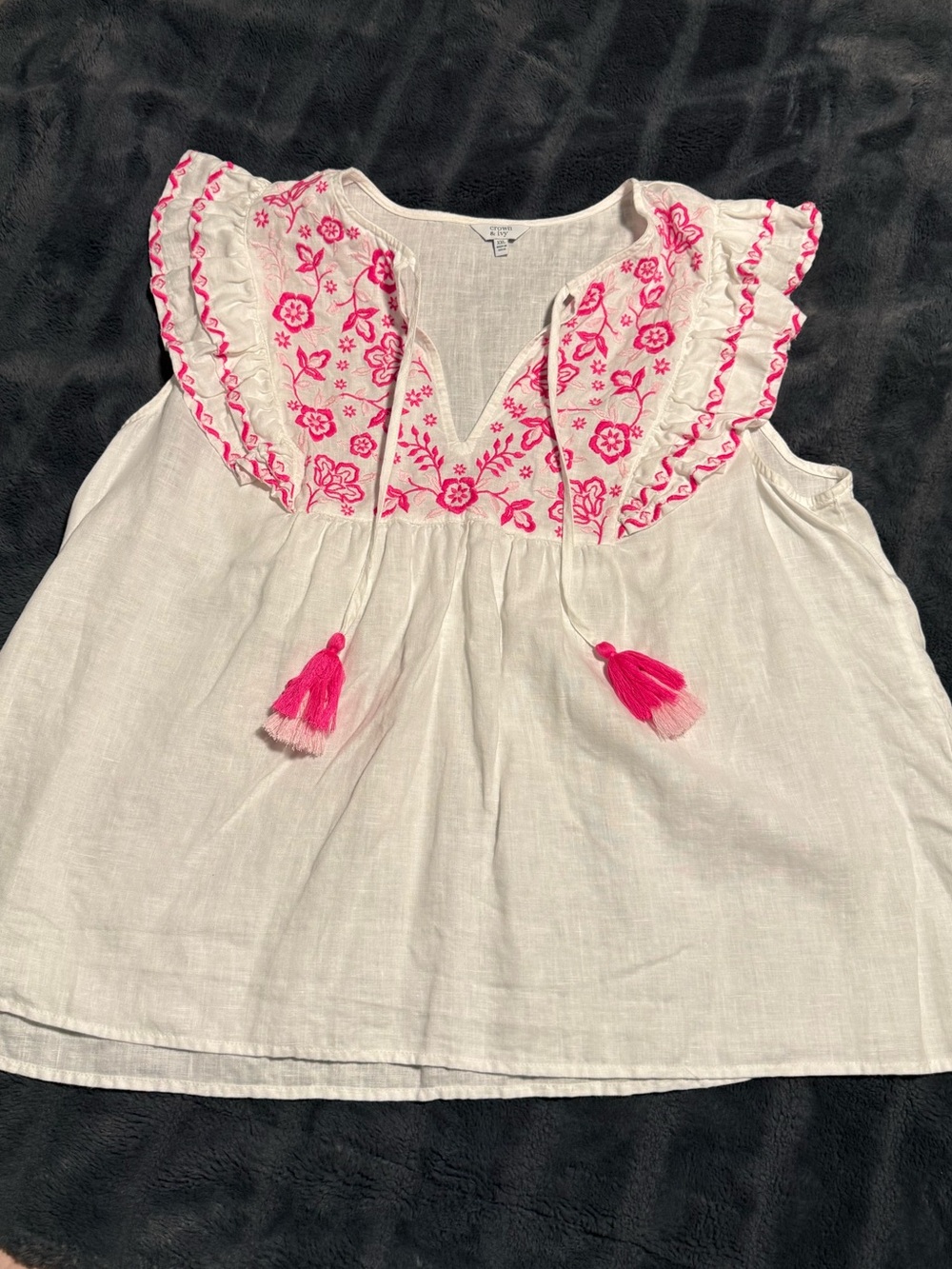 Crown White Top with Pink Embroidered Yoke and Tassels
